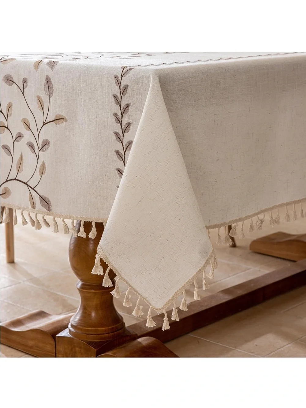 NEW Rectangle Linen, Farmhouse Embroidery Leaves Tablecloth with Tassels